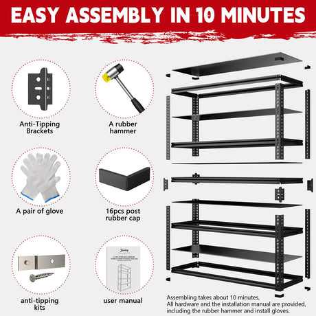 Lauxery Heavy Duty Garage Shelving, 5-Tier Storage Rack 3000LBS Capacity 48" W x 72" H x 24" D, Adjustable Storage Shelves, Boltless Assembly Shelving Unit for Workshop, Basement & Garage Organizer Lauxery