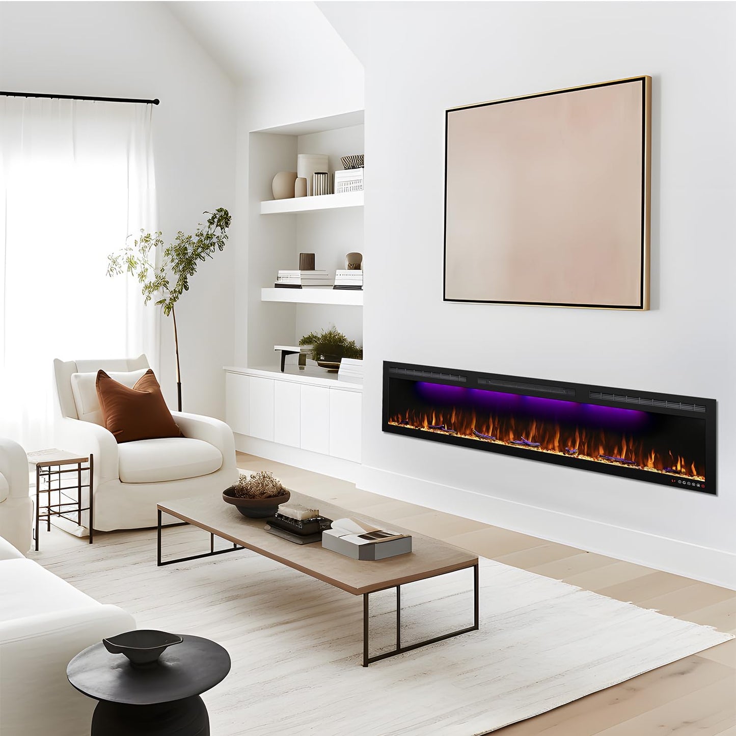 Mystflame 72 inch Electric Fireplace - Ultra Slim Frame - in Wall Recessed & Wall Mounted - Multicolor Flame - Log & Crystal Hearth - 1500/750 Watt Heater - Remote Control & Touch Screen- Timer