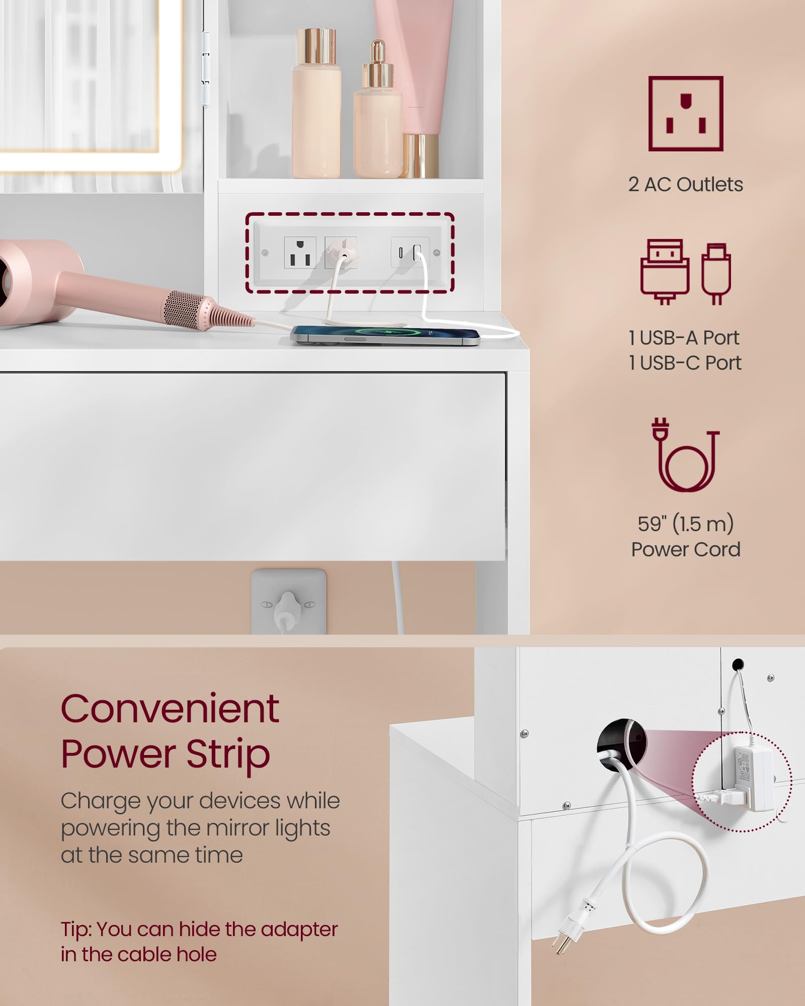 VASAGLE Vanity Desk with Power Outlets, Makeup Vanity with Mirror and Lights, Upholstered Vanity Stool, Dimmable LED Lights, 6 Compartments, 2 Drawers, for Bedroom, Cloud White URDT031W01 - WoodArtSupply