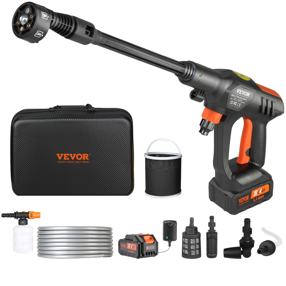VEVOR Cordless Pressure Washer, 652-PSI 1.1 GPM Portable Power Cleaner, Handheld High-Pressure Car Washer Gun with 4.0Ah Battery, Charger, 6-in-1 Nozzle, for Home/Floor Cleaning & Watering VEVOR