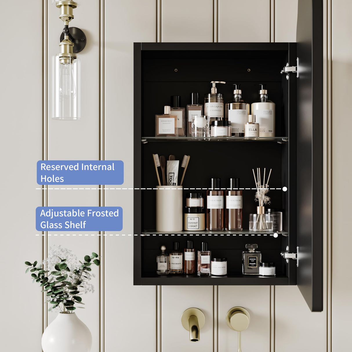 AGDULL Vintage-Style Bathroom Wood Black Cabinet with 16.5''x24'' Curved Mirror, Recessed Medicine Cabinet, Bathroom Storage Cabinet AGDULL