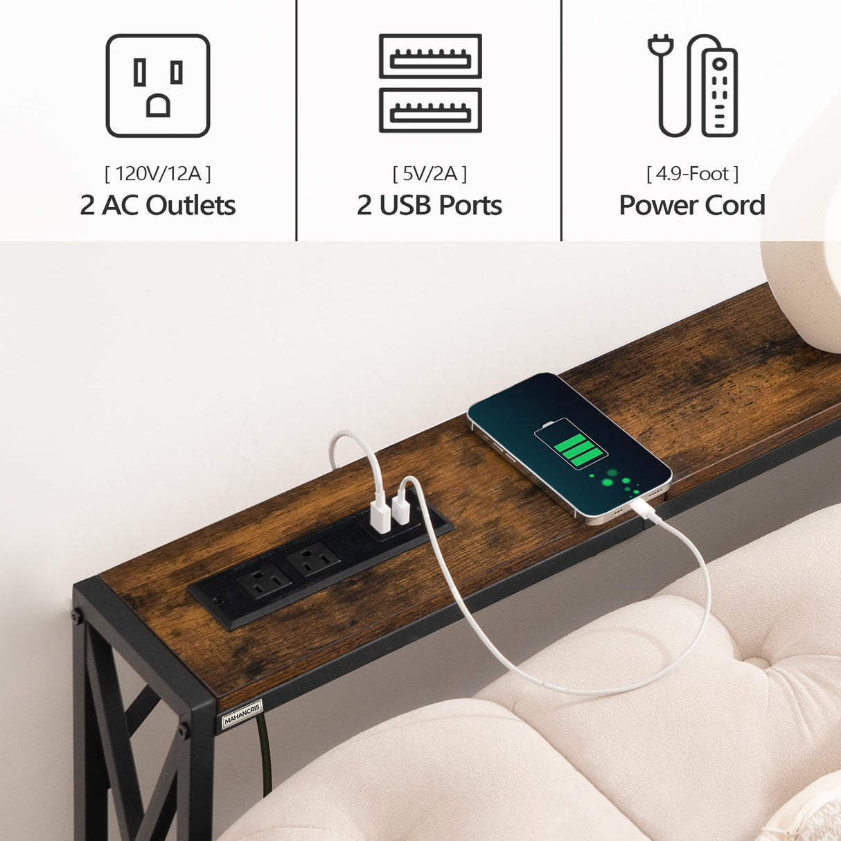 MAHANCRIS 2 Pack Narrow Sofa Table with Charging Station, 39.4" L x 5.9" W x 29" H, Skinny Console Table, Long Entryway Table, Hallway Table, Couch Table with Power Outlets, Rustic Brown CTHR151E01S2 MAHANCRIS