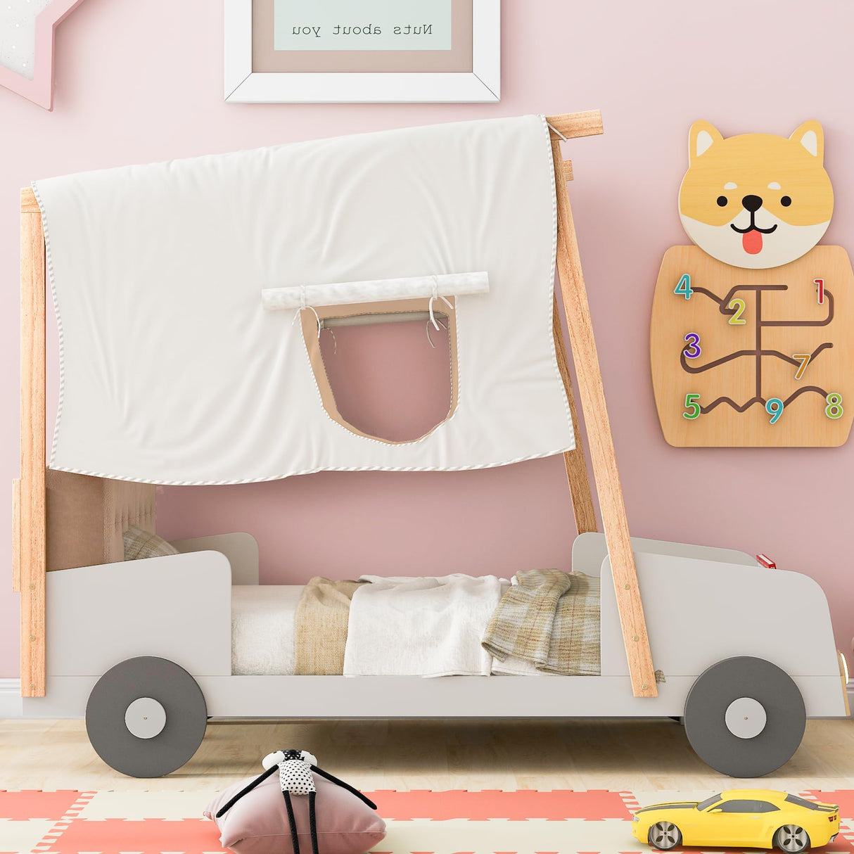 Bellemave Twin Size LED Race Car Bed with Tufted Headboard and Canopy for Kids Bellemave