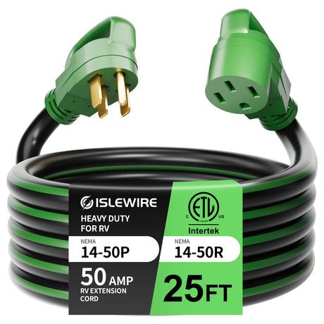 islewire 25 Feet 50 Amp RV/EV Extension Cord with Grip Handle, Heavy Duty 6/3+8/1 Gauge STW 4 Prong RV Power Cord, NEMA 14-50P/R with Cord Organizer for Tesla Model 3/S/X/Y, Black & Green, ETL Listed islewire