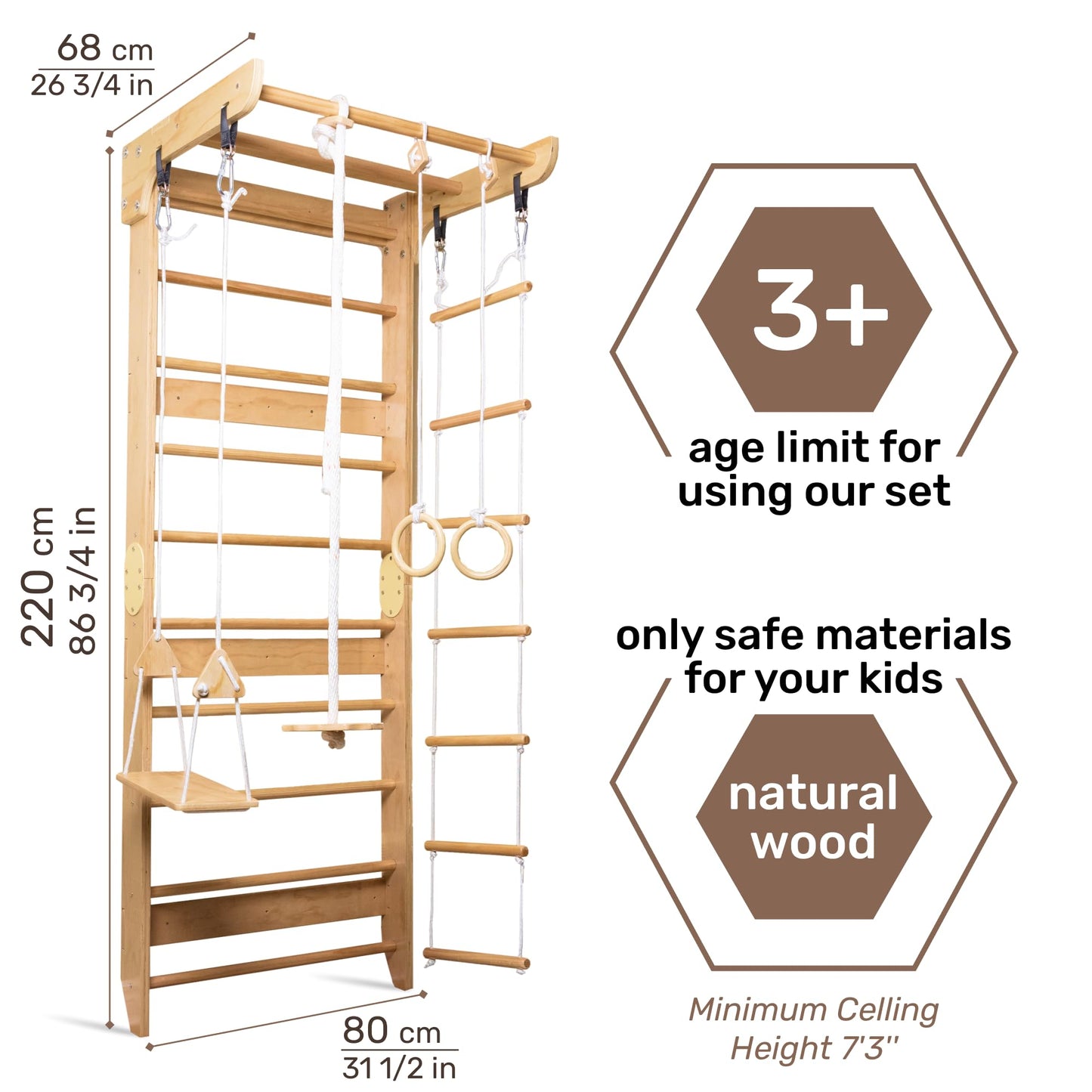 Wooden Swedish Ladder Wall Set – Kids Stall Bars for Exercise – Kids Swedish Gymnastic Wall Gym – Wood Stall Bar Gymnastics Playground – best Gym for all family all ages training stretching – Sport-2