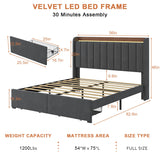TIGUBFRE Dark Grey Full Size Upholstered Bed Frame with LED Lighting, Storage Headboard & Drawers TIGUBFRE
