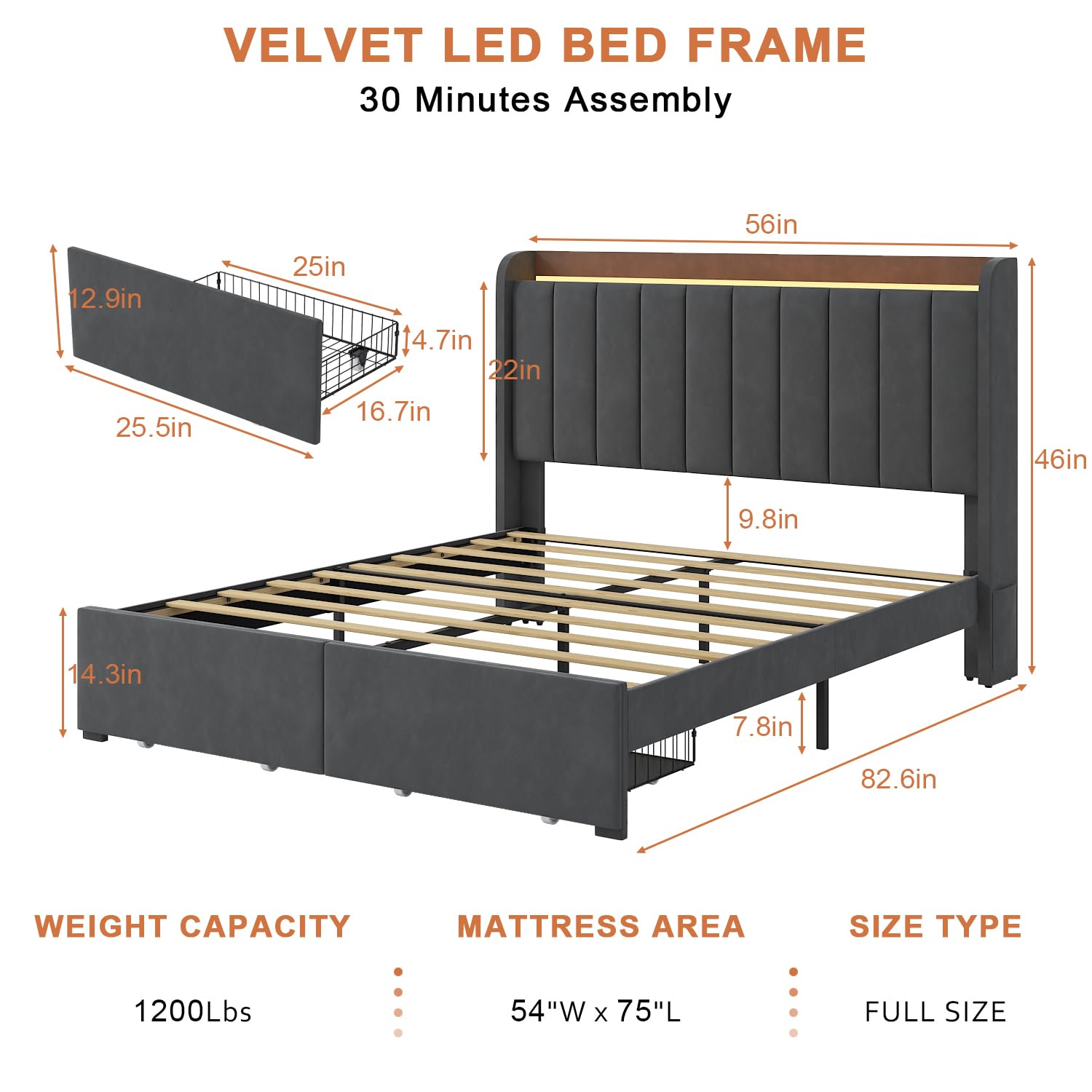 TIGUBFRE Dark Grey Full Size Upholstered Bed Frame with LED Lighting, Storage Headboard & Drawers - WoodArtSupply