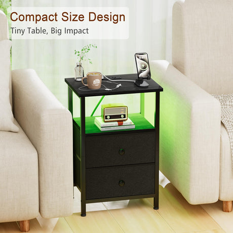 LOAKEKEL Nightstand with Charging Station, End Table with 2 Fabric Drawers, LED Night Stand for Bedroom, Small Bed Side Table with USB Ports and Outlets for Living Room, Black, HETS02BK-1 LOAKEKEL