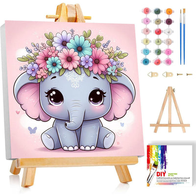 cviokrdu Elephants Paint by Numbers Kit for Kids with Frame - Wooden Easel, Animals Paint by Numbers for Kids Ages 4 8 12, Easy Acrylic Oil Painting Kits for Home Wall Decoration 8x8 inch