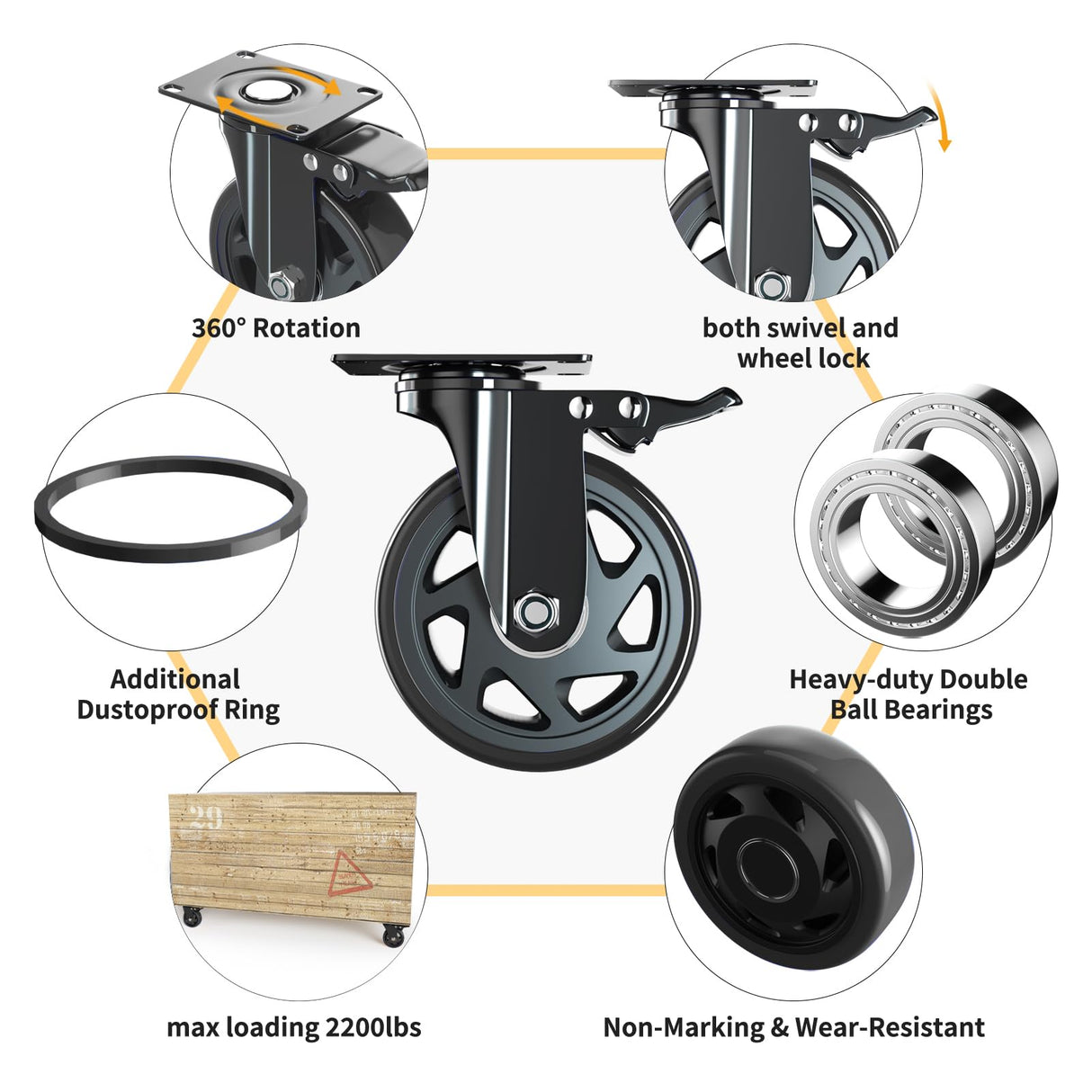 6 Inch Caster Wheels Heavy Duty Casters with Brake, Casters Set of 4 Loading 3000 Lbs, Locking Industrial Swivel Top Plate Casters Wheels for Furniture and Workbench Cart(Two Hardware Kits Included) YUPEZOP