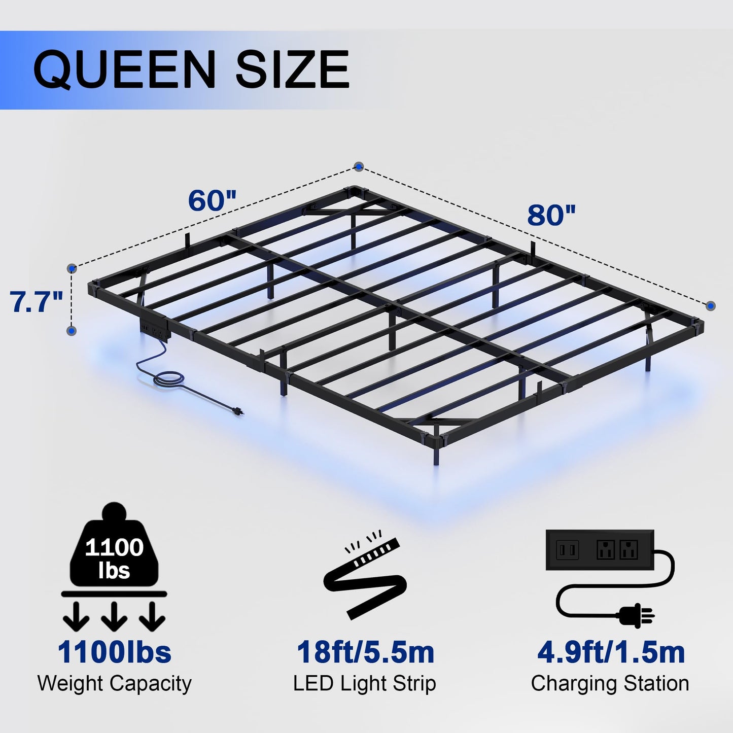 Gadroad LED Floating Queen Bed Frame with Charging Station and Metal Slats Support - WoodArtSupply