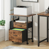 GYIIYUO 2 Drawer File Cabinet with 24'' Extended Tabletop, Mobile Filing Cabinet, Rolling Vertical File Cabinet with Side Bag, Fabric Drawer, Fits A4 Size, Home Office, Rustic Brown GYIIYUO
