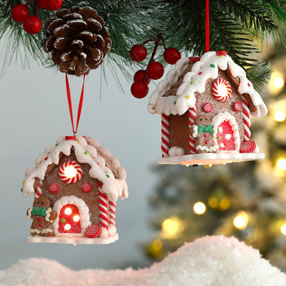 UAEYW 3Pcs Gingerbread House Ornaments for Christmas Tree Decorations Battery Operated Lighted LED Clay Hanging Candy House Ornament with Rope for Xmas Holiday Party New Year Home Decor