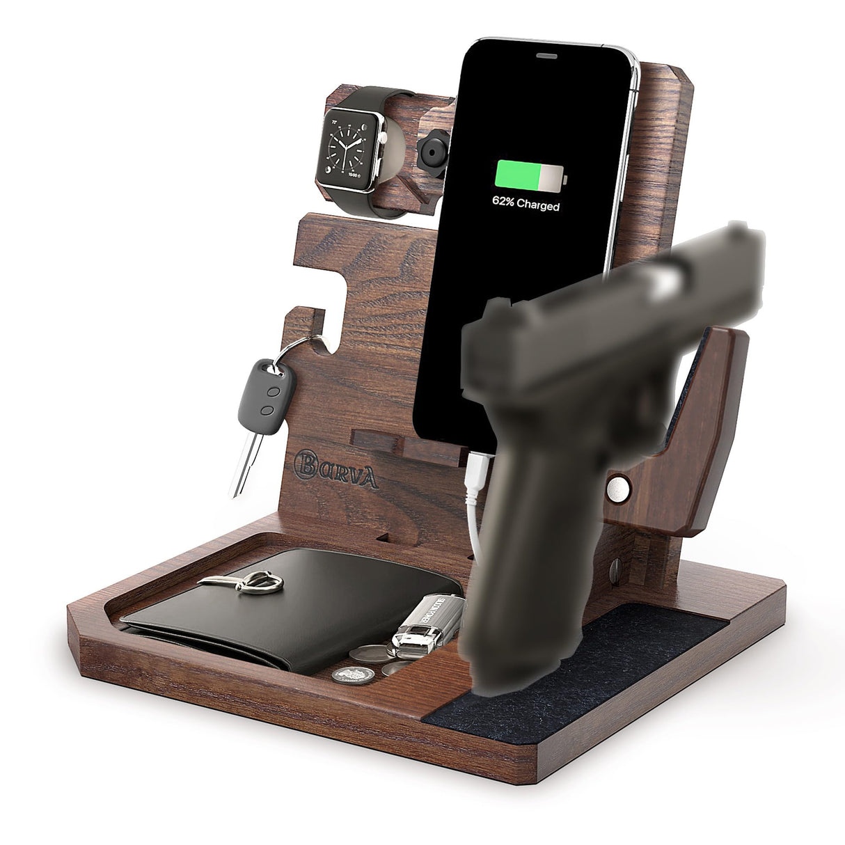 BarvA Phone Docking Station with Patented Adaptive Wood Gun Rack | Night Stand Smart Watch & Phone Stand | Charging Station Desk Organizer | Gun Accessories Storage and Organization BarvA