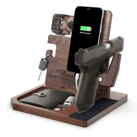 BarvA Phone Docking Station with Patented Adaptive Wood Gun Rack | Night Stand Smart Watch & Phone Stand | Charging Station Desk Organizer | Gun Accessories Storage and Organization BarvA