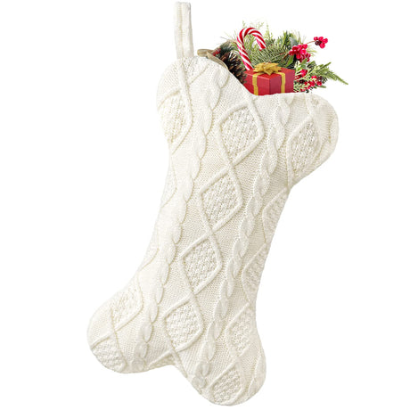 Malier Dog Christmas Stocking, Knit White Christmas Stocking for Dogs, Bone Shape Dog Stocking Christmas Large Pet Stockings Hanging Dog Christmas Stocking for Dogs Cats Pets (White) Malier