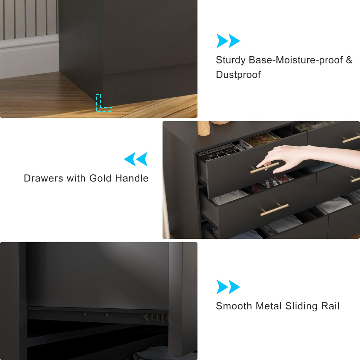 Vibe & Dine Black Dresser for Bedroom with Wide Storage, Modern 6 Drawer Dresser with Gold Handles, Wooden Chest of Drawers for Living Room Vibe & Dine