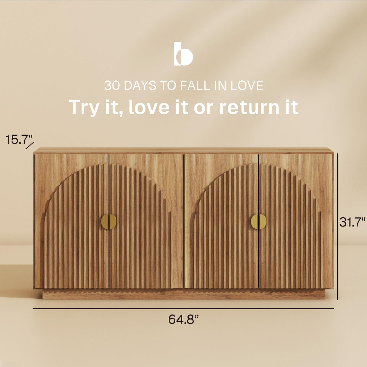 BELLEZE 65 Inch Fluted Buffet Cabinet with Storage, Symmetrical Arc Accent Sideboard Large Console Table for Dining Room, Kitchen, and Living Room (Caramel Brown) BELLEZE