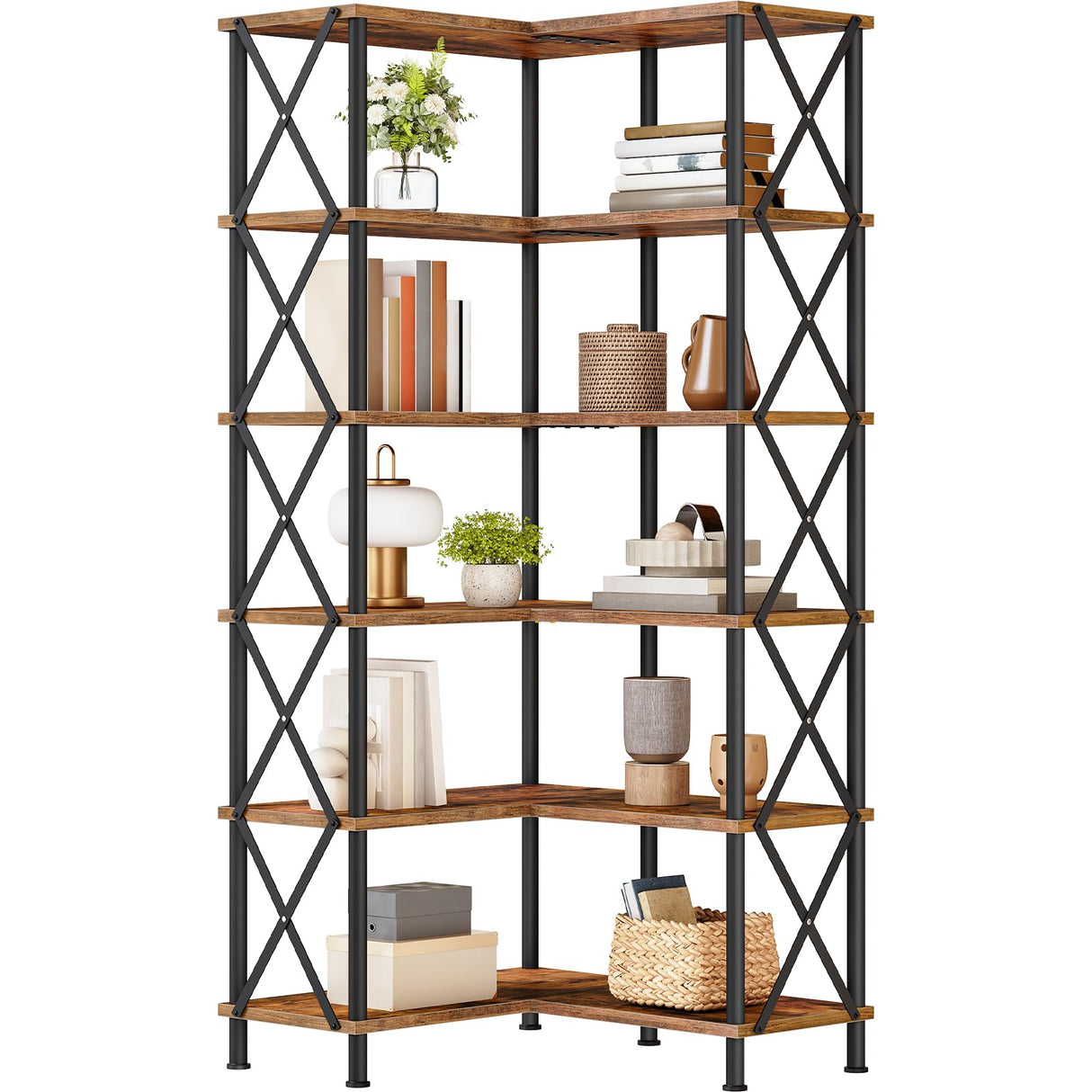 HOOBRO Corner Bookshelf, 6-Tier L-Shaped Bookcase, Industrial Open Display Shelf Tall Storage Organizer, Vertical Storage Rack, for Living Room, Home Office, Rustic Brown and Black BF61SJ01 HOOBRO
