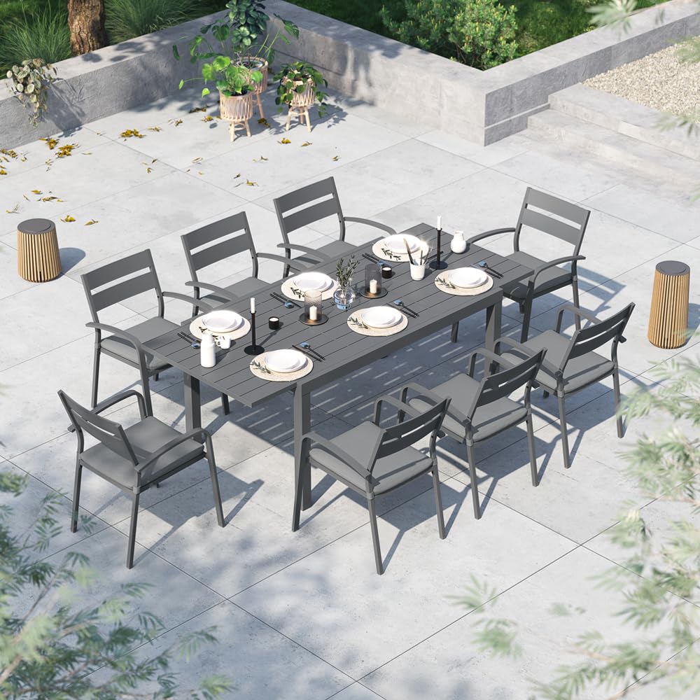 Soleil Jardin 9-Piece Outdoor Patio Dining Set, 59" - 83" Aluminum Expandable Outdoor Dining Table Set for 8, 8 Stackable Chairs with Gray Removable Cushions, Dark-Grey Soleil Jardin