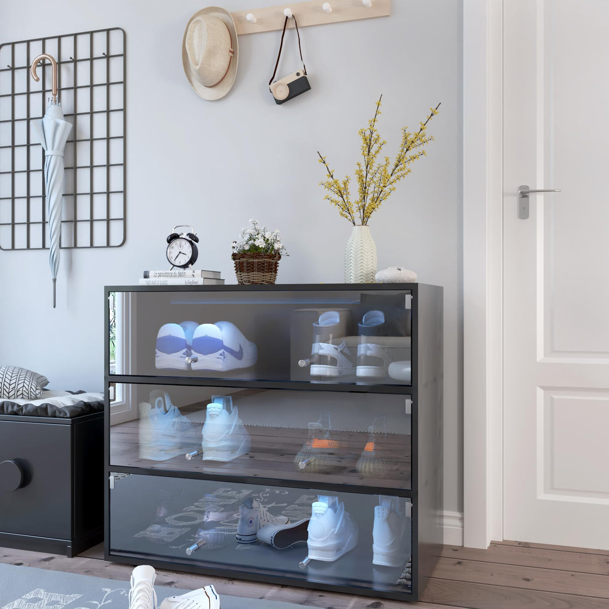 Banzeem LED Sneaker Storage with Sliding Glass Doors for Up to 9 Pairs of Shoes, Sneaker Case for Sneakerheads, Clear Shoe Boxes Stackable and Wooden Showing Shoe Rack for Space Saving, Black Banzeem