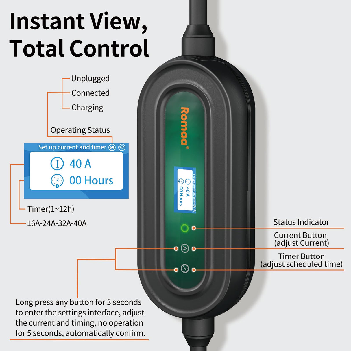 Level 2 EV Charger for Tesla, WiFi APP, 40A Portable EV Mobile Charger for Tesla, 25FT Cable with 240V NEMA 14-50 Plug & NEMA 5-15 Adapter, NACS Connector,Home Wall Charger for Tesla Model Y/3/S/X Romaa