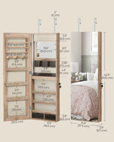 SONGMICS Jewelry Cabinet Armoire Organizer with LED Lights, Wall-Mounted Storage Cabinet with Full-Length Frameless Mirror, Built-in Makeup Mirror, 2 Drawers, Lockable, Camel Brown UJJC013N01 SONGMICS