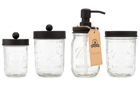 Jarmazing Products Ball Mason Jar Bathroom Gift Set (4 pcs) - Lotion/Soap Dispenser, Toothbrush Holder, Q-Tip Storage Jars - Farmhouse Home Decor for Vanity Organization - Luxury Accessories - Black Jarmazing Products