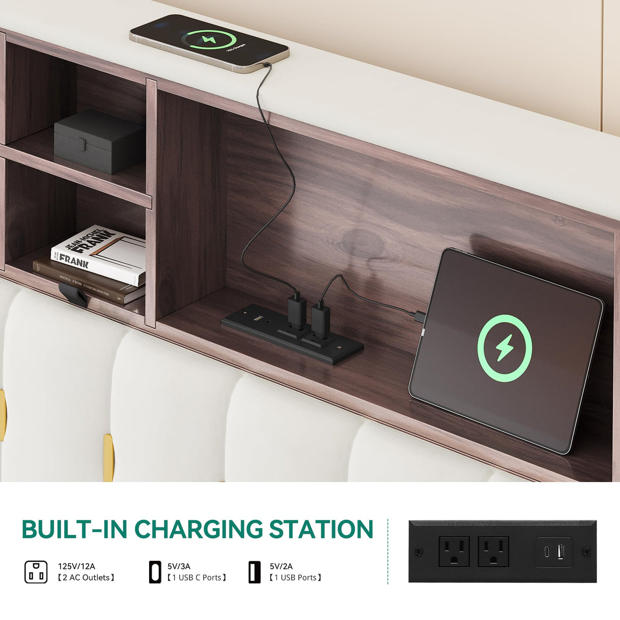 YITAHOME Queen Size Floating Bed Frame,Upholstered Platform Bed with RGB LED Lighting, USB Charging and Headboard Storage,Velvet Platform Bed Frame,Box Spring Not Required - Beige YITAHOME