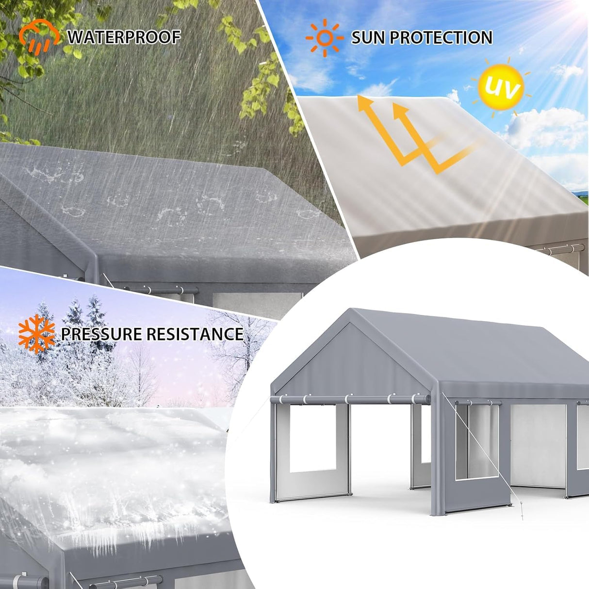 Klysiora 13x20 Ft. Metal Carport Garage with PE Fabric and Galvanized Steel Frame Outdoor Shelter for Cars, Trucks and Boats with 4 Doors and Mesh Windows for Ventilation - Grey Klysiora