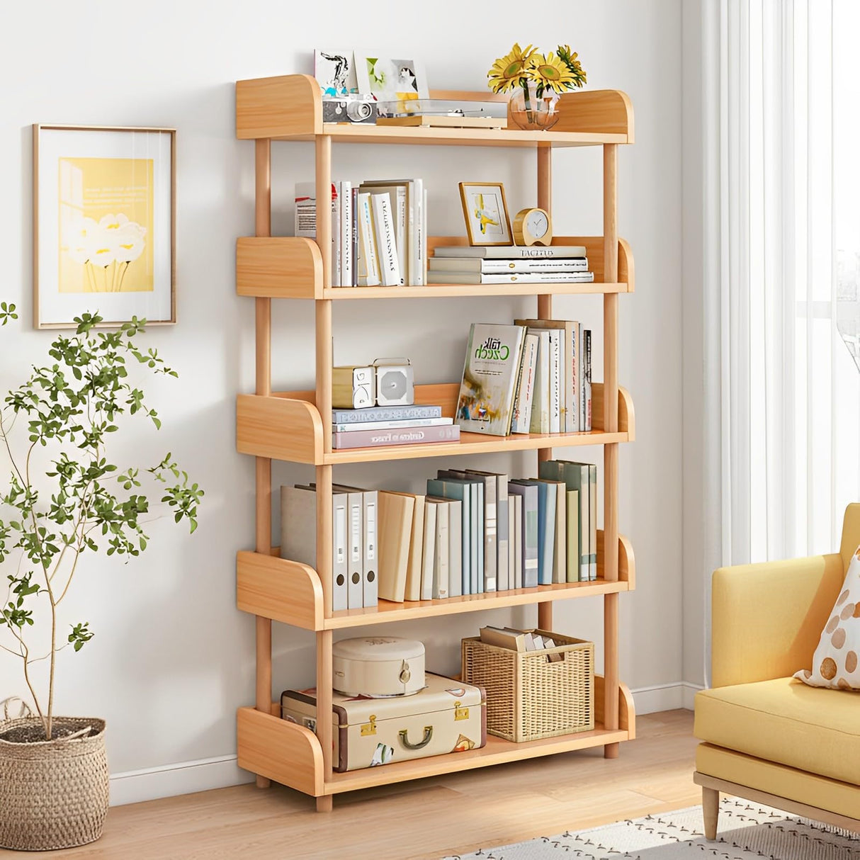 Modern 5-Tier Wooden Bookcase with Solid Oak Frame and User-Friendly Design for Home and Office OSCHF