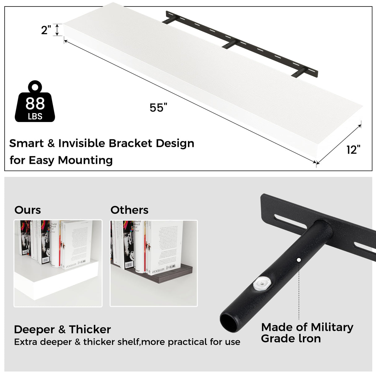Venusmiles Floating Shelves for Wall, Large Wall Mounted Shelves with Invisible Brackets, Long Wood Floating Wall Shelf Shelves for Living Room, Bedroom, Kitchen, (White, 55" W x 12" D x 2" H) Venusmiles
