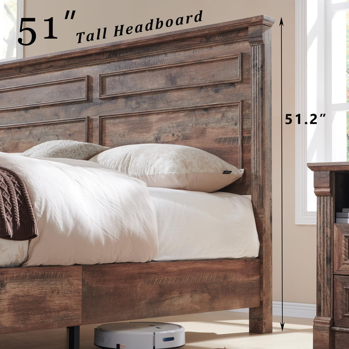 Aitjunz Farmhouse King Size Bed Frame with 51" Tall Headboard, Wood Platform Bed Frame with 20" Tall Roman Column Decoration Footboard & 3 Large Storage Drawers, No Box Spring Needed (Light Brown) Aitjunz