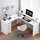White L Shaped Desk with 3 Drawers, 60 inch White Executive Desk with Drawers and Power Outlet, White L Shaped Desk with File Cabinet, Corner Computer Desk with Moveable Hutch for Bedroom MaverickFurni