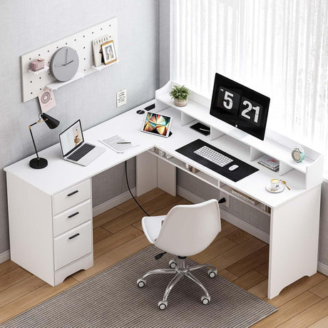 White L Shaped Desk with 3 Drawers, 60 inch White Executive Desk with Drawers and Power Outlet, White L Shaped Desk with File Cabinet, Corner Computer Desk with Moveable Hutch for Bedroom MaverickFurni