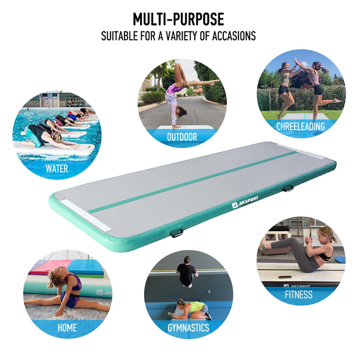 AKSPORT Air Mat Tumble Track 10ft 13ft 16ft 20ft Gymnastics Tumbling Mat Inflatable Tumble Track with Electric Air Pump for Home Use/Tumble/Gym/Training/Cheerleading (Mint Green, 13.12x3.28x0.66ft) AKSPORT