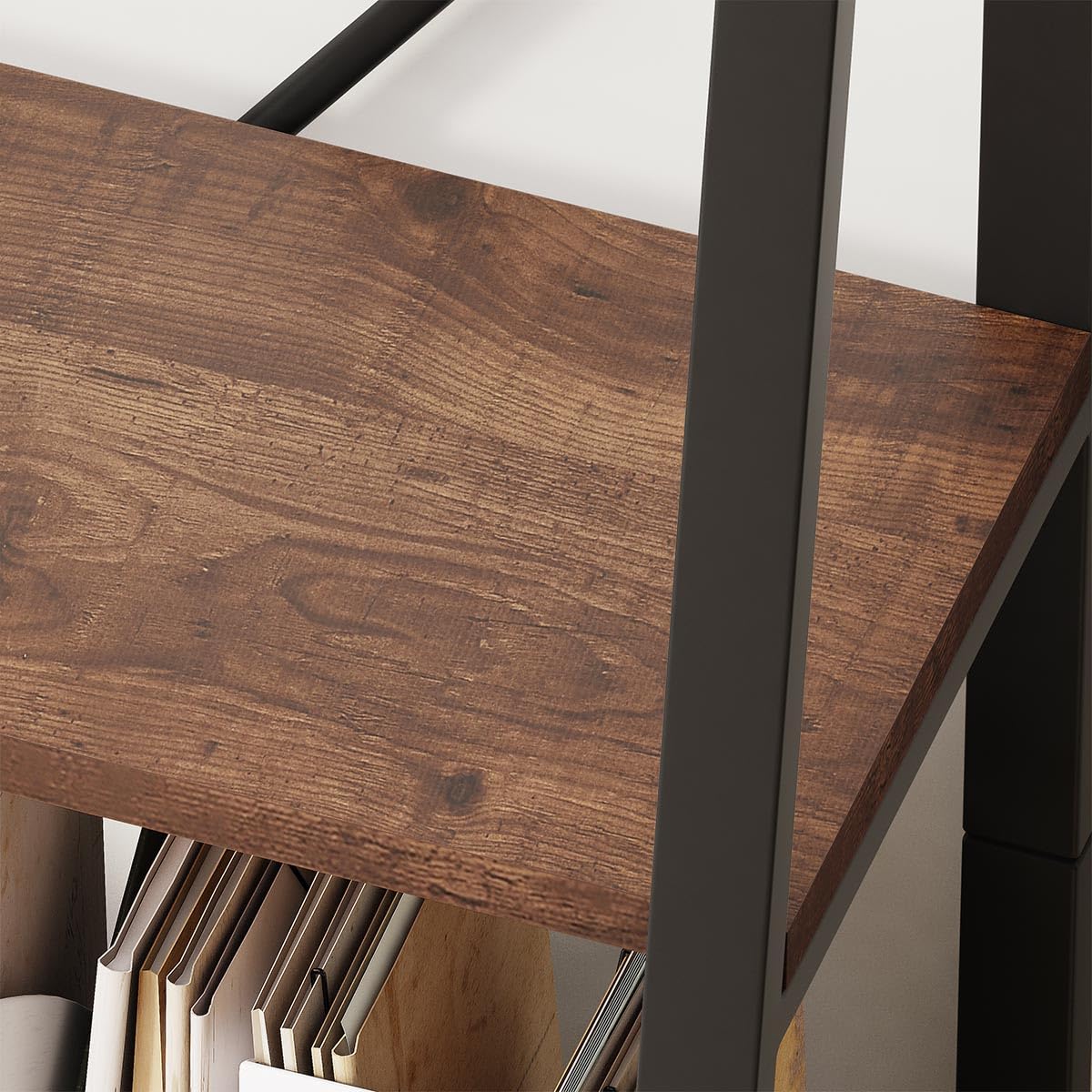 BON AUGURE Industrial Ladder Shelf Bookcase, 4 Tier Rustic Ladder Bookshelf, Standing Leaning Book Shelves for Living Room (Rustic Oak) BON AUGURE