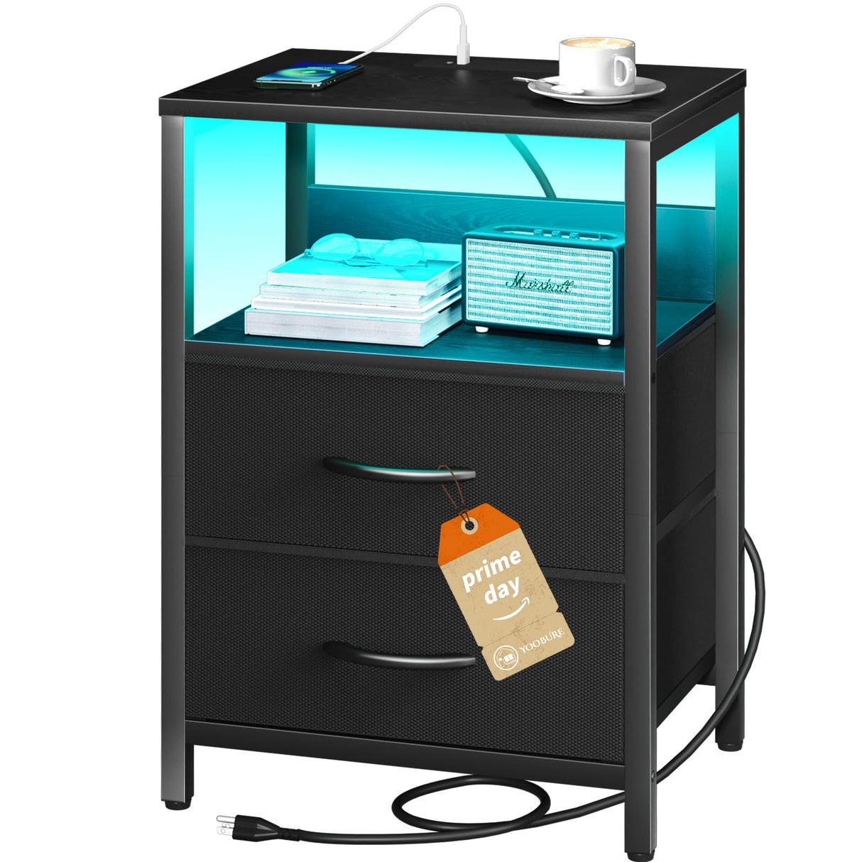 Yoobure Nightstand with Charging Station, LED Night Stand with Fabric Drawers and Storage Shelf for Bedroom, Nightstands Bedside Tables with USB Ports & Outlets, Small Night Stands, Bed Side Table Yoobure