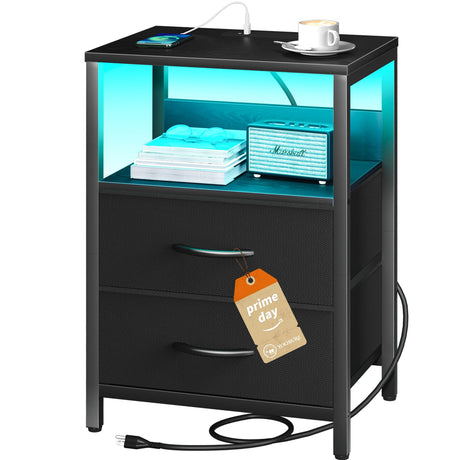 Yoobure Nightstand with Charging Station, LED Night Stand with Fabric Drawers and Storage Shelf for Bedroom, Nightstands Bedside Tables with USB Ports & Outlets, Small Night Stands, Bed Side Table Yoobure
