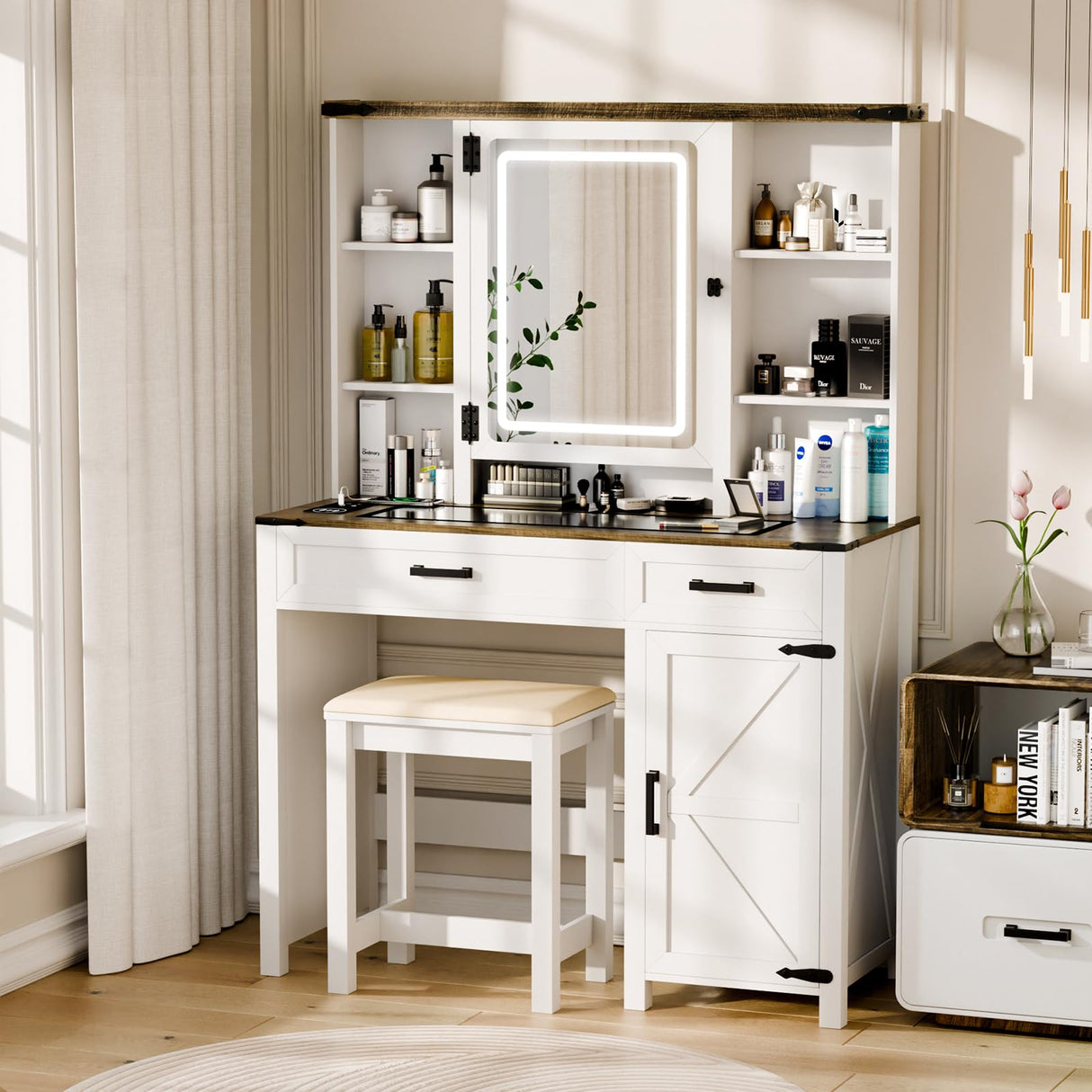 Trygoal Farmhouse Makeup Vanity, Vanity Desk with 3 in 1 Charging Station and Human Body Sensing LED Lights, Vanity Table with Glass Tabletop & Hidden Jewelry Cabinet, Stool Included, Vintage White Trygoal