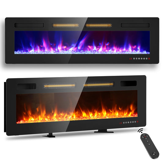 BREEZEHEAT 60 inch Electric Fireplace Wall Mounted/Freestanding-Ultra Thin Fireplace Inserts for Living Room with Double Heat Vent, Remote Control, Touch Screen, Led Flame, 8H Timer, 750w/1500w