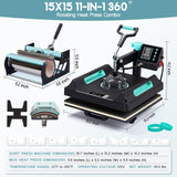 Specraft 11-in-1 Combo Heat Press, 15x15 360° Swing-Away Digital Sublimation Machine for T-Shirts Mugs Hats Plates Shoes, Green Black SPECRAFT