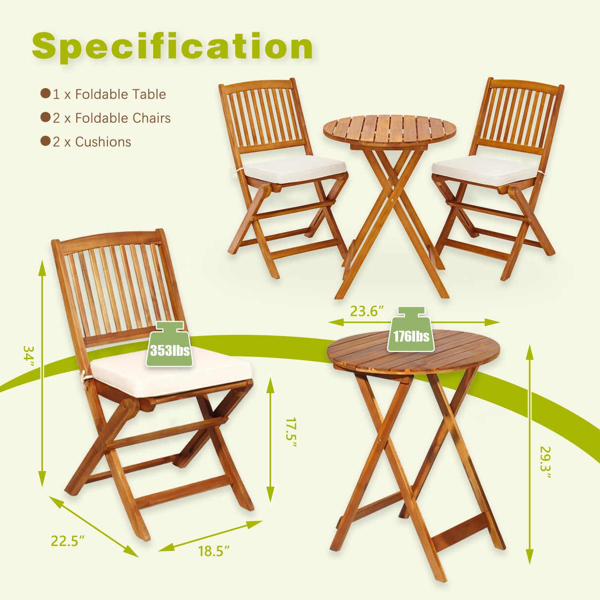 S AFSTAR 3 Pieces Patio Bistro Set, Acacia Wood Folding Bistro Set with Round Coffee Table & Padded Cushion, Outdoor Bistro Table and Chair Set of 2 for Patio, Balcony, Poolside & Porch (Beige) S AFSTAR