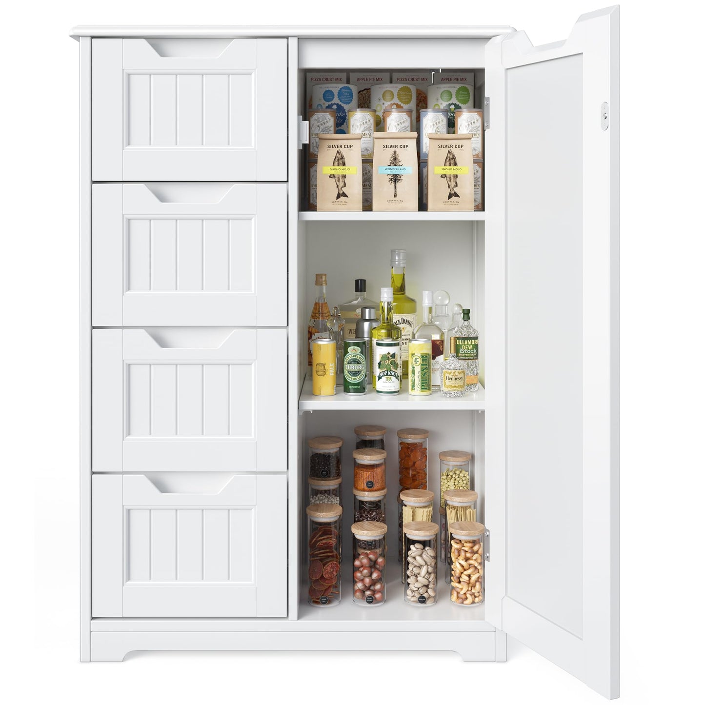 Gizoon 33" Small Kitchen Pantry Storage Cabinet with Door and Shelves, Pantry Cabinet Storage Cupboard, Freestanding Wooden Dresser with 4 Drawers for Bathroom and Dining Room, White - WoodArtSupply