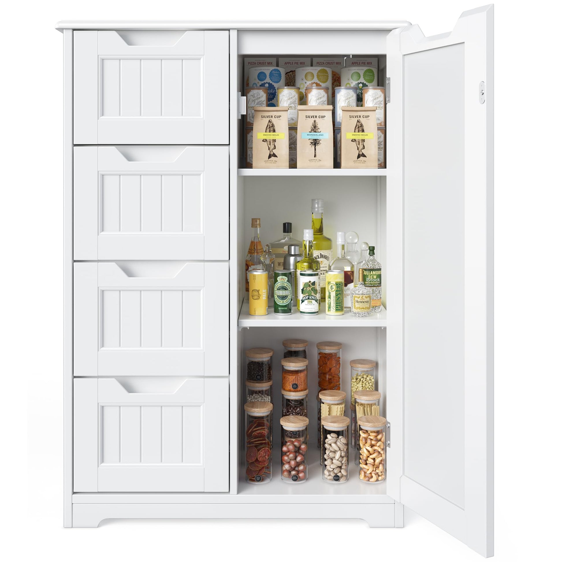 Gizoon 33" Small Kitchen Pantry Storage Cabinet with Door and Shelves, Pantry Cabinet Storage Cupboard, Freestanding Wooden Dresser with 4 Drawers for Bathroom and Dining Room, White - WoodArtSupply