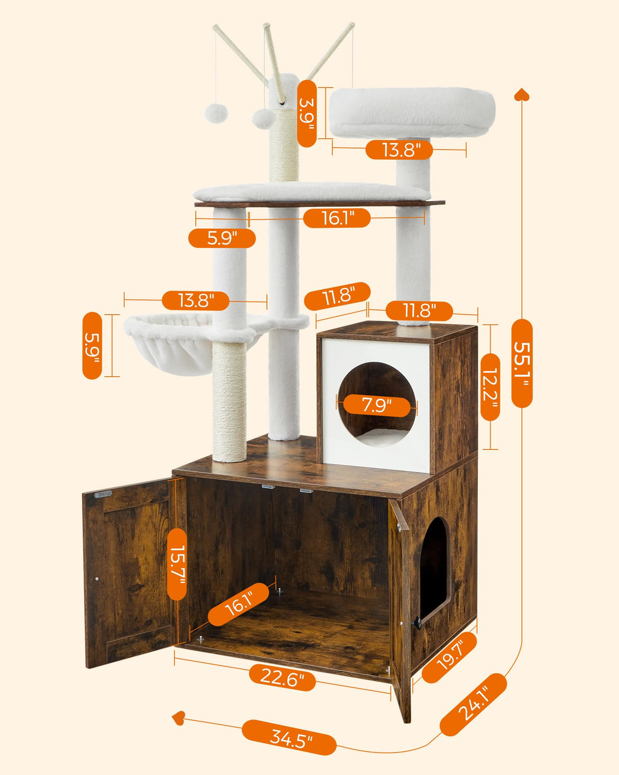 Feandrea Cat Tree with Litter Box Enclosure, 2-in-1 Modern Cat Tower, 55.1-Inch Cat Condo with Scratching Posts, Removable Pompom Sticks, Rustic Brown UPCT113X01 Feandrea