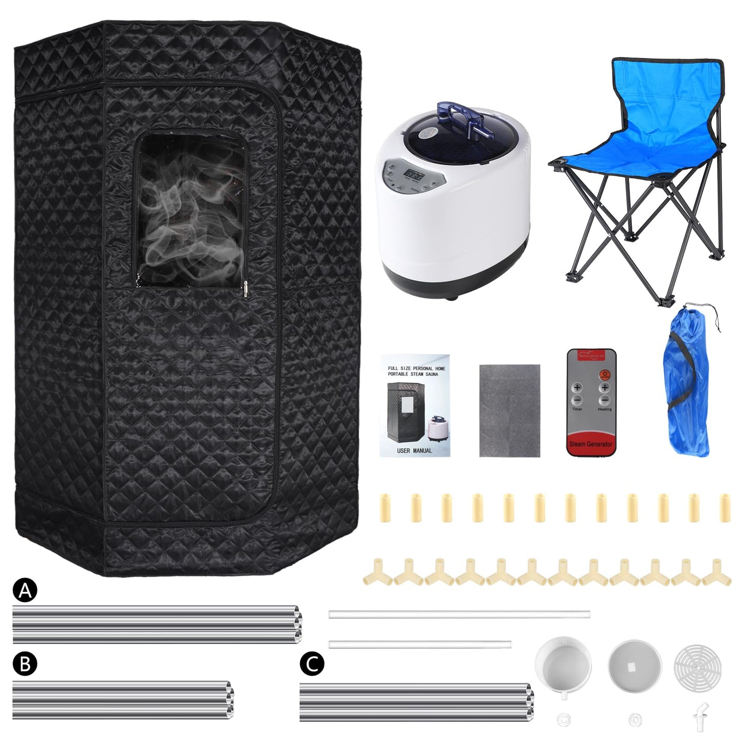 PEEKO Portable Sauna for Home, Full Size Personal Pentagon Sauna Tent with 3L Capacity 1200w Steamer, Foldable Chair, Sweat Mat, Remote Controller Included