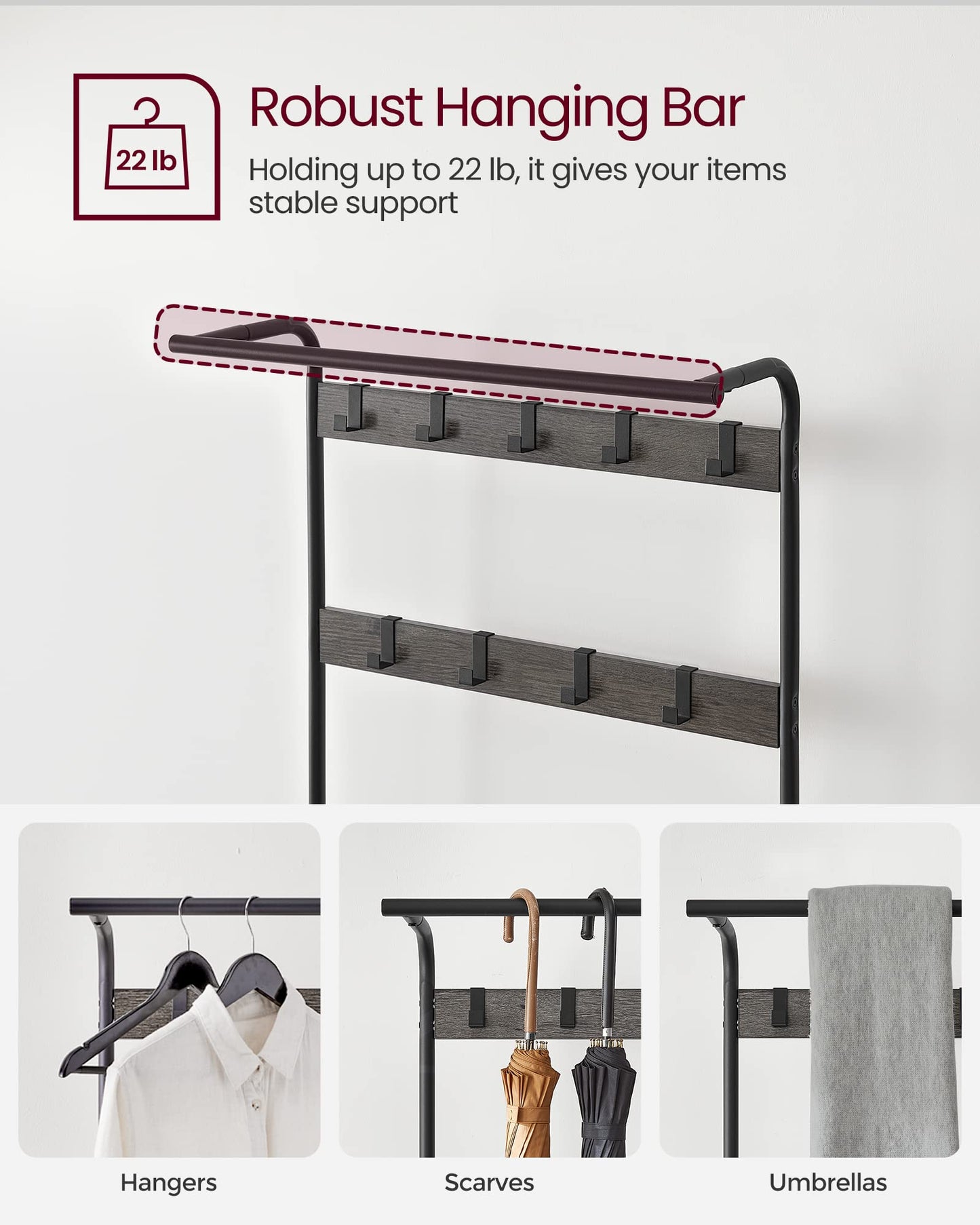 VASAGLE Coat Rack, Hall Tree with Shoe Bench for Entryway, Entryway Bench with Coat Rack, 4-in-1, with 9 Removable Hooks, a Hanging Rod, 13.3 x 28.3 x 72.1 Inches, Charcoal Gray and Black UHSR040B04