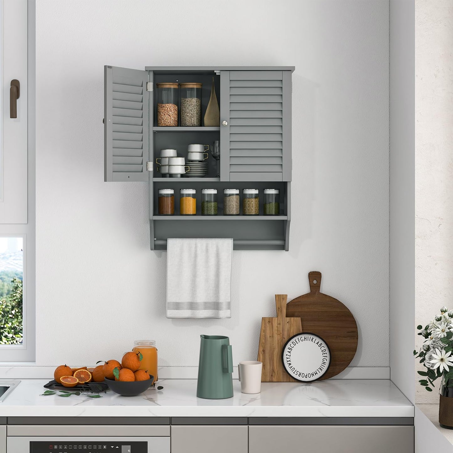 Tangkula Wall Mounted Bathroom Cabinet with Open Shelf & Bar, Medicine Cabinet with Double Louvered Doors, Wall Storage Cabinet with Adjustable Shelf, for Bathroom Living Room Kitchen (Grey) - WoodArtSupply