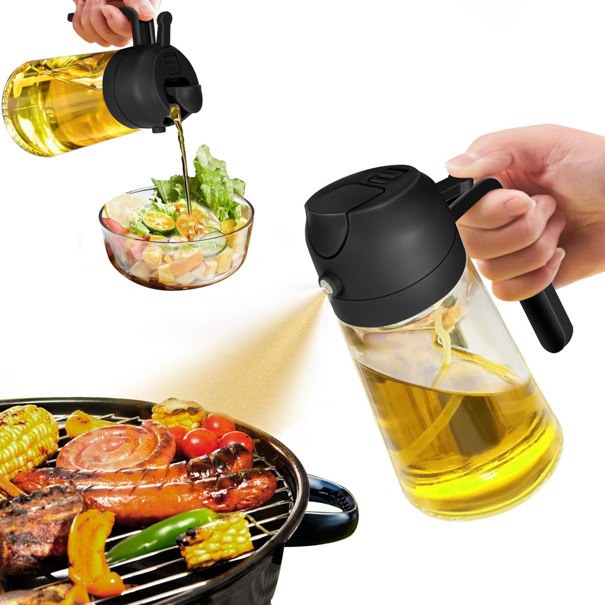 YARRAMATE Oil Sprayer for Cooking, 2 in 1 Olive Oil Dispenser Bottle for Kitchen, 16oz/470ml Premium Glass Oil Bottle, Food-grade Oil Mister for Air Fryer, Salad, Frying, BBQ (Black) YARRAMATE